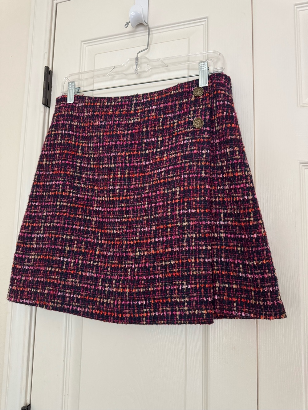 LOFT Pink Multi Tweed A-Line Mini Skirt with Button Detail
